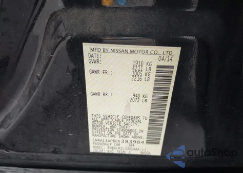 2014 Nissan Altima 2.5/S/Sv/Sl из США, поврежденный, VIN 1N4AL3AP6EN383984